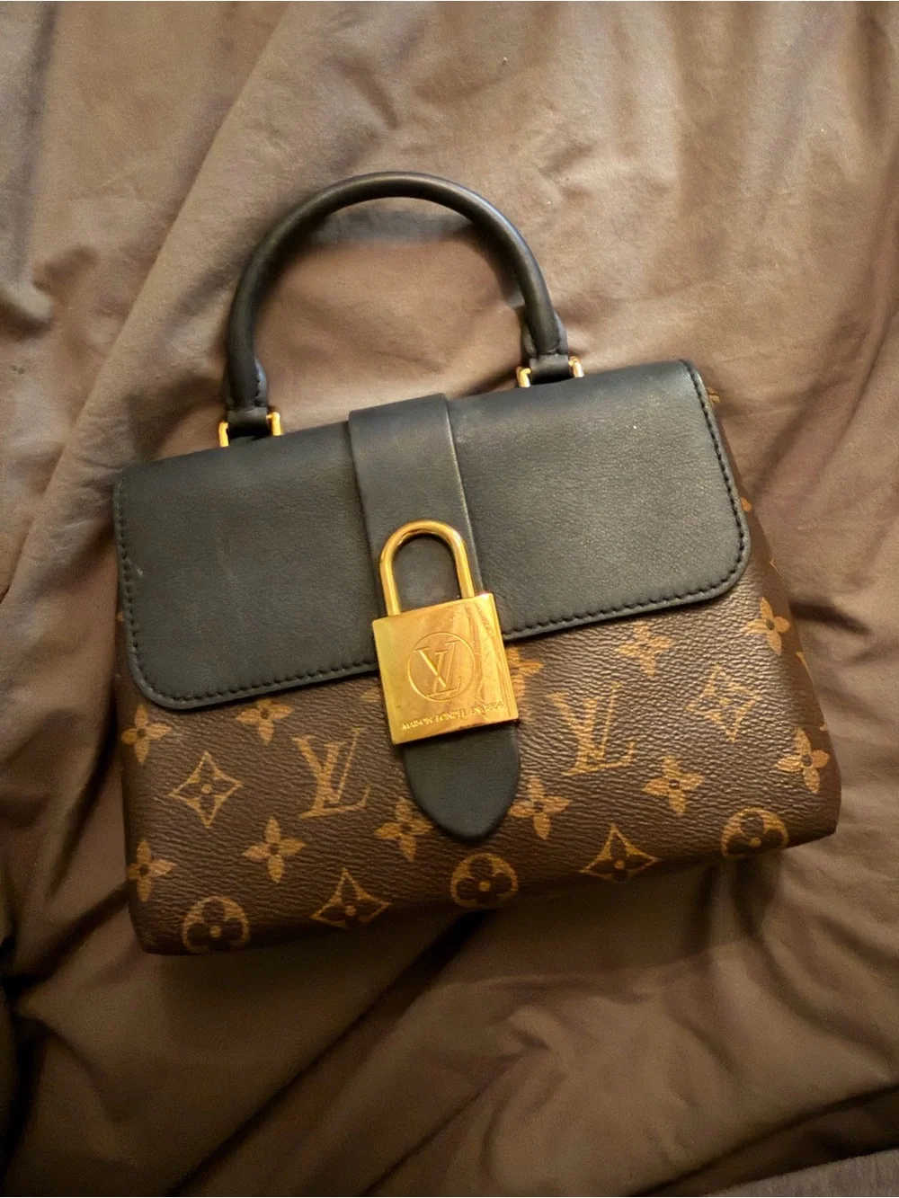 Louis Vuitton Brown Monogram Satchel with Black Flap and Gold Lock